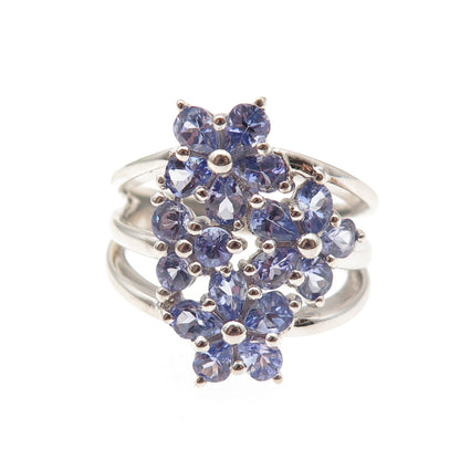 925 Sterling Silver Real Round & Pear-Cut Tanzanite Floral Ring Size 8