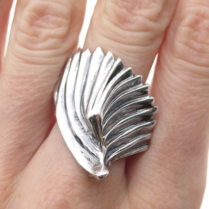 925 Sterling Silver Vintage Modernist Wing Oxidized Ring Size 7.5