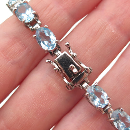 925 Sterling Silver Vintage Real Oval-Cut Blue Topaz Oxidized Bracelet 7.25"