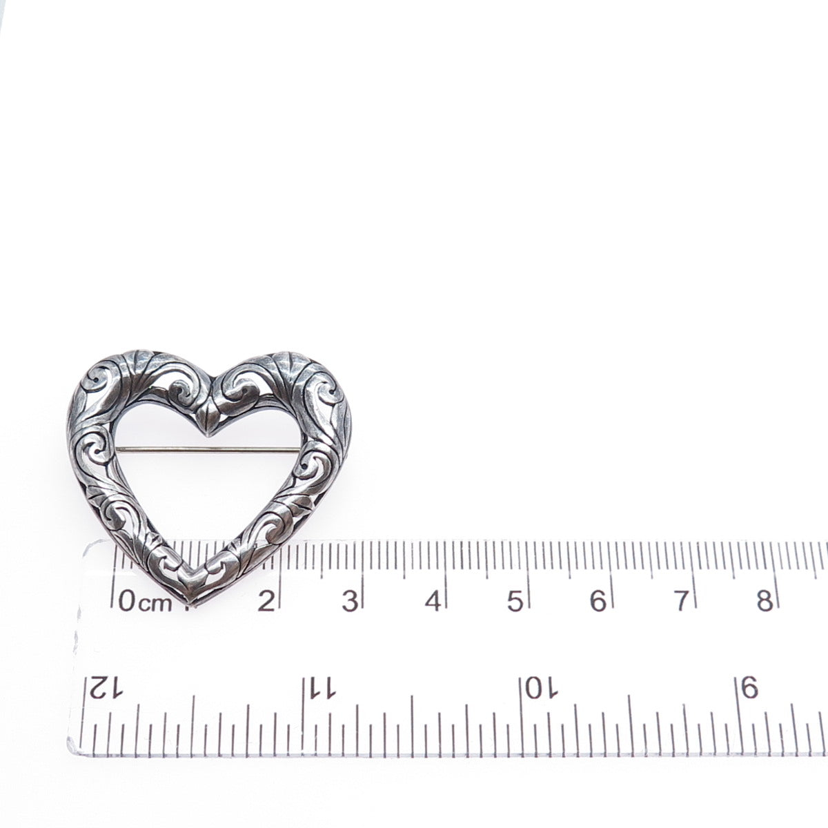 925 Sterling Silver Vintage Ornate Swirl Heart Oxidized Pin Brooch