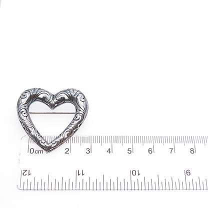 925 Sterling Silver Vintage Ornate Swirl Heart Oxidized Pin Brooch