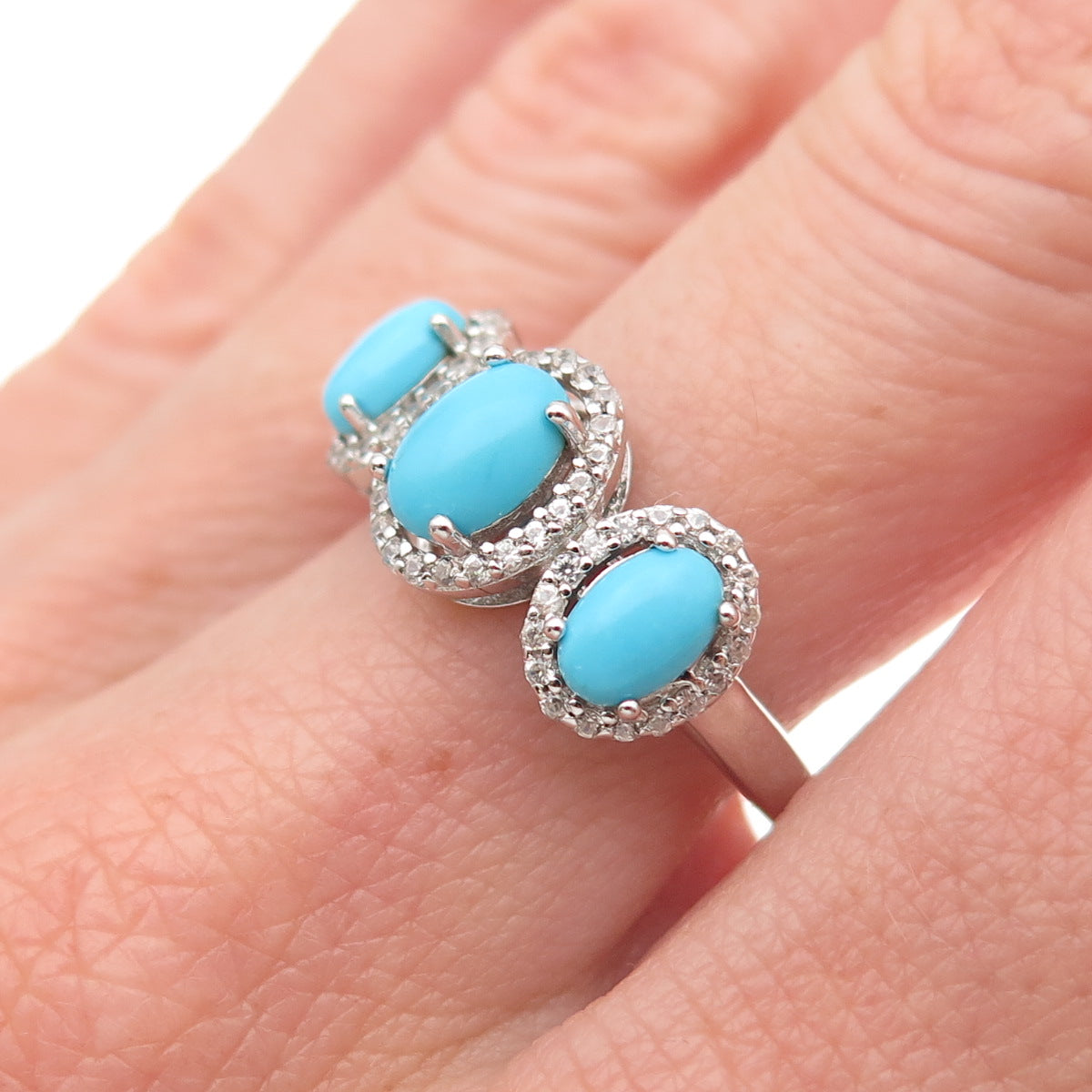 925 Sterling Silver Real Sleeping Beauty Turquoise & White Topaz Ring Size 8