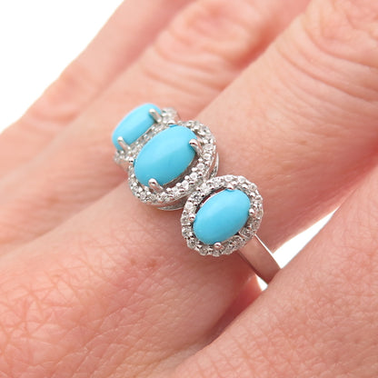 925 Sterling Silver Real Sleeping Beauty Turquoise & White Topaz Ring Size 8