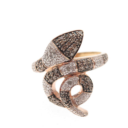 925 Sterling Silver Gold Plated Black Rhodium Real Diamond Snake Ring Size 7