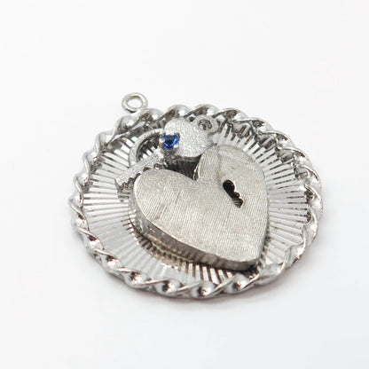925 Sterling Silver Vintage Blue C Z Heart & Key Pendant