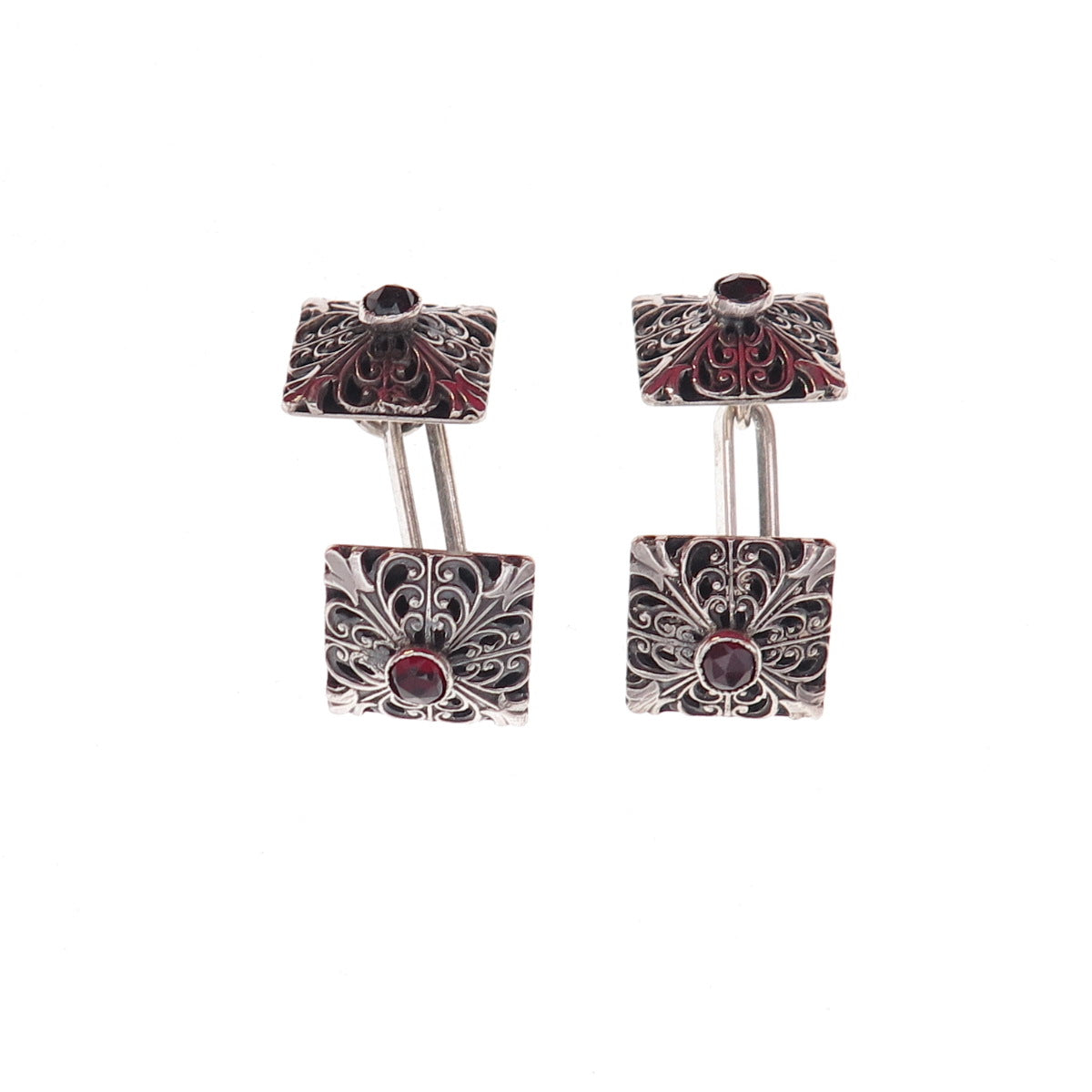 800 Silver Antique Art Deco Real Red Garnet Floral Oxidized Cufflinks