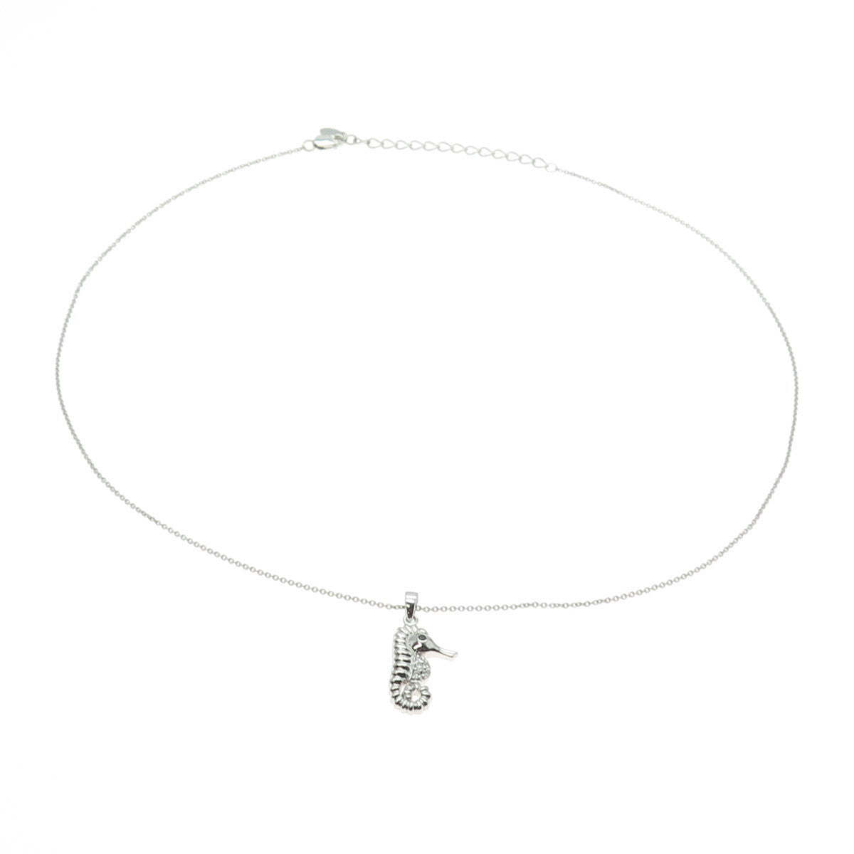 925 Sterling Silver White & Black C Z Seahorse Pendant Rolo Chain Necklace 18"