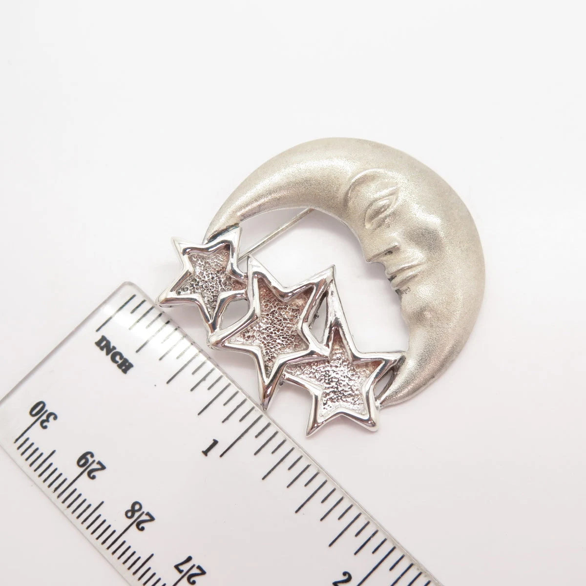 925 Sterling Silver Vintage Mexico Crescent Moon Face & Star Pin Brooch