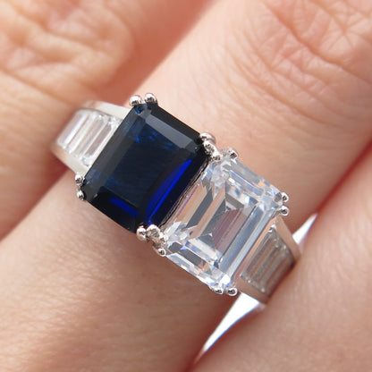 DSMK 925 Sterling Silver White & Blue Emerald-Cut Shaped C Z Ring Size 7.25