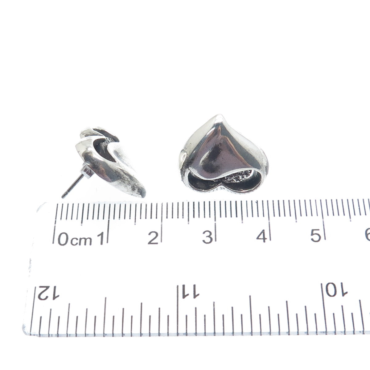 925 Sterling Silver Vintage Modernist Heart Oxidized Stud Earrings