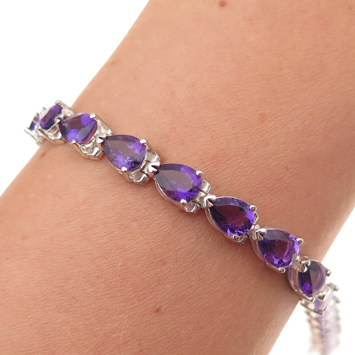 925 Sterling Silver Real Pear-Cut Amethyst Bracelet 7"