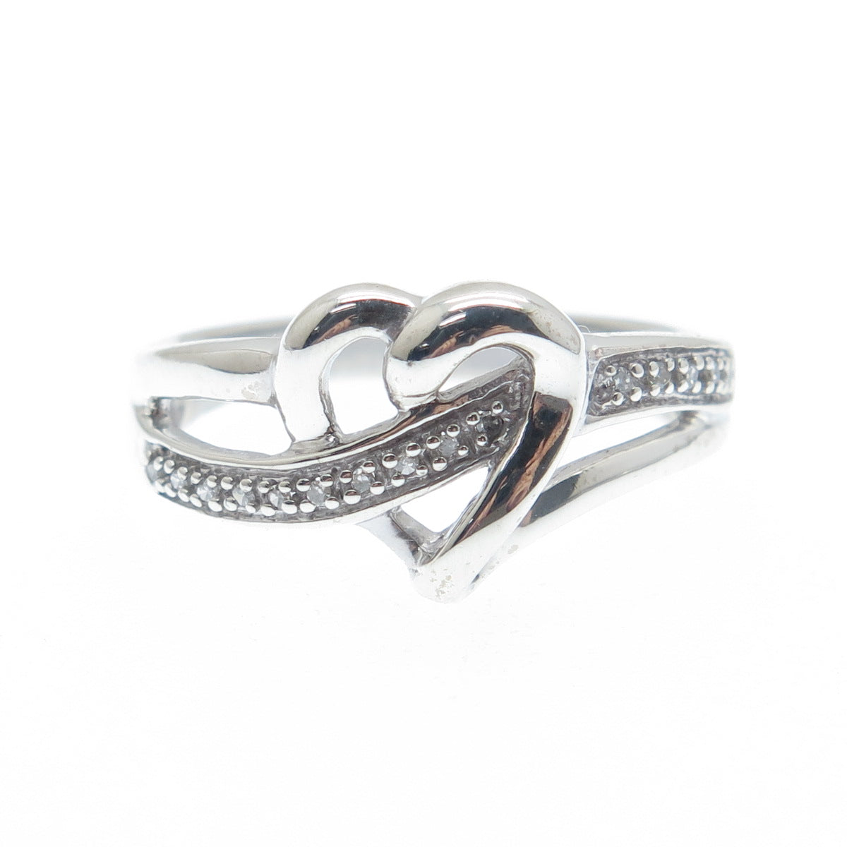 925 Sterling Silver Real Round-Cut Diamond Heart Ring Size 7