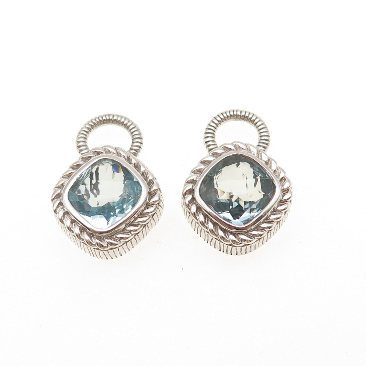 JUDITH RIPKA 925 Sterling Silver Cushion-Cut Blue C Z Jacket Earrings