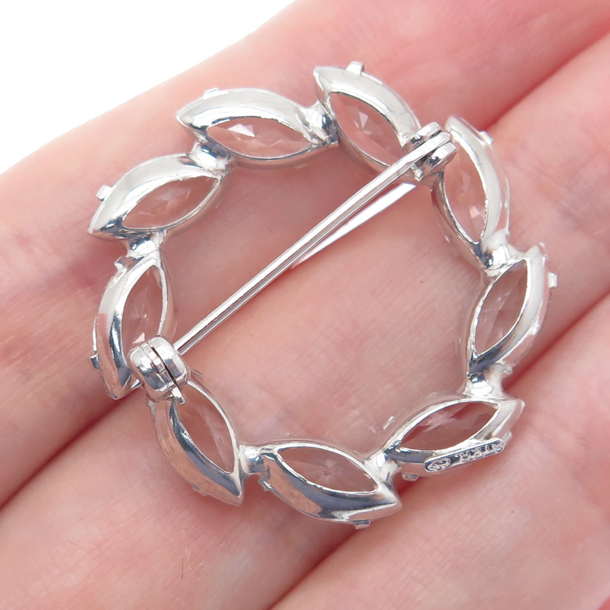 925 Sterling Silver Antique Art Deco CD Marquise-Cut Rhinestone Circle Brooch