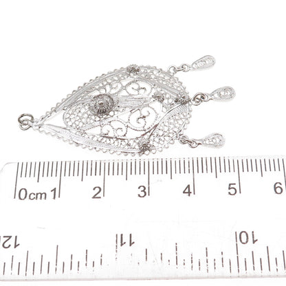 Van Lou Sterling Silver Antique Art Deco Cannetille Filigree Teardrop Pendant