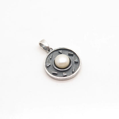 925 Sterling Silver Vintage Real Pearl Round Pendant