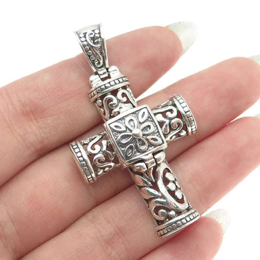 925 Sterling Silver Vintage Ornate Relic Box Cross Pendant