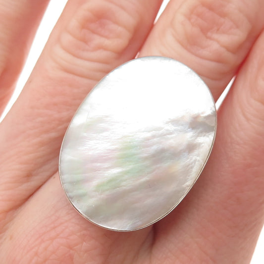 ANNIKA WITT 925 Sterling Silver Vintage Real MOP Modernist Statement Ring Size 9