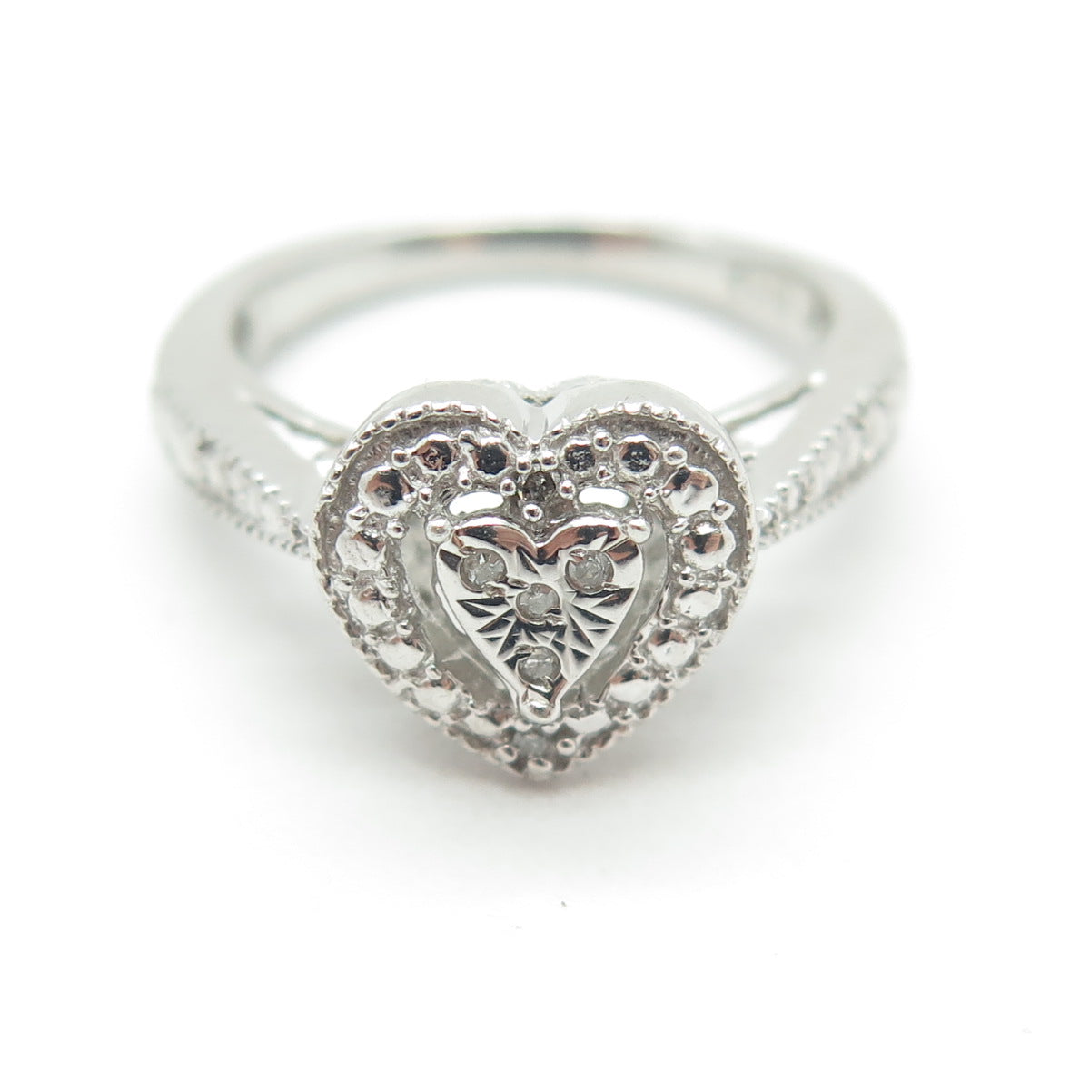 925 Sterling Silver Real Round-Cut Diamond Accent Heart Love Ring Size 7