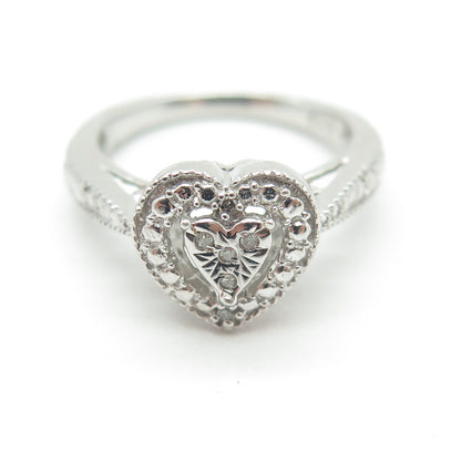 925 Sterling Silver Real Round-Cut Diamond Accent Heart Love Ring Size 7