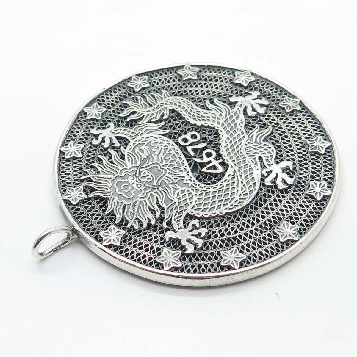 925 Sterling Silver Vintage Chinese Dragon & Eagle Filigree Pendant
