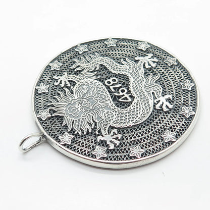 925 Sterling Silver Vintage Chinese Dragon & Eagle Filigree Pendant
