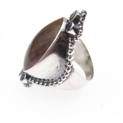925 Sterling Silver Vintage Real Abalone Shell & Blue Topaz Oxidized Ring Size 7