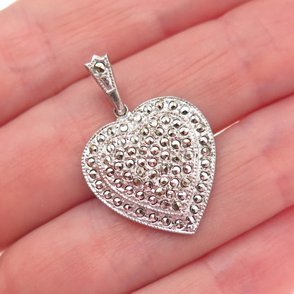Theda 925 Sterling Silver Antique Art Deco Real Marcasite Heart Charm Pendant
