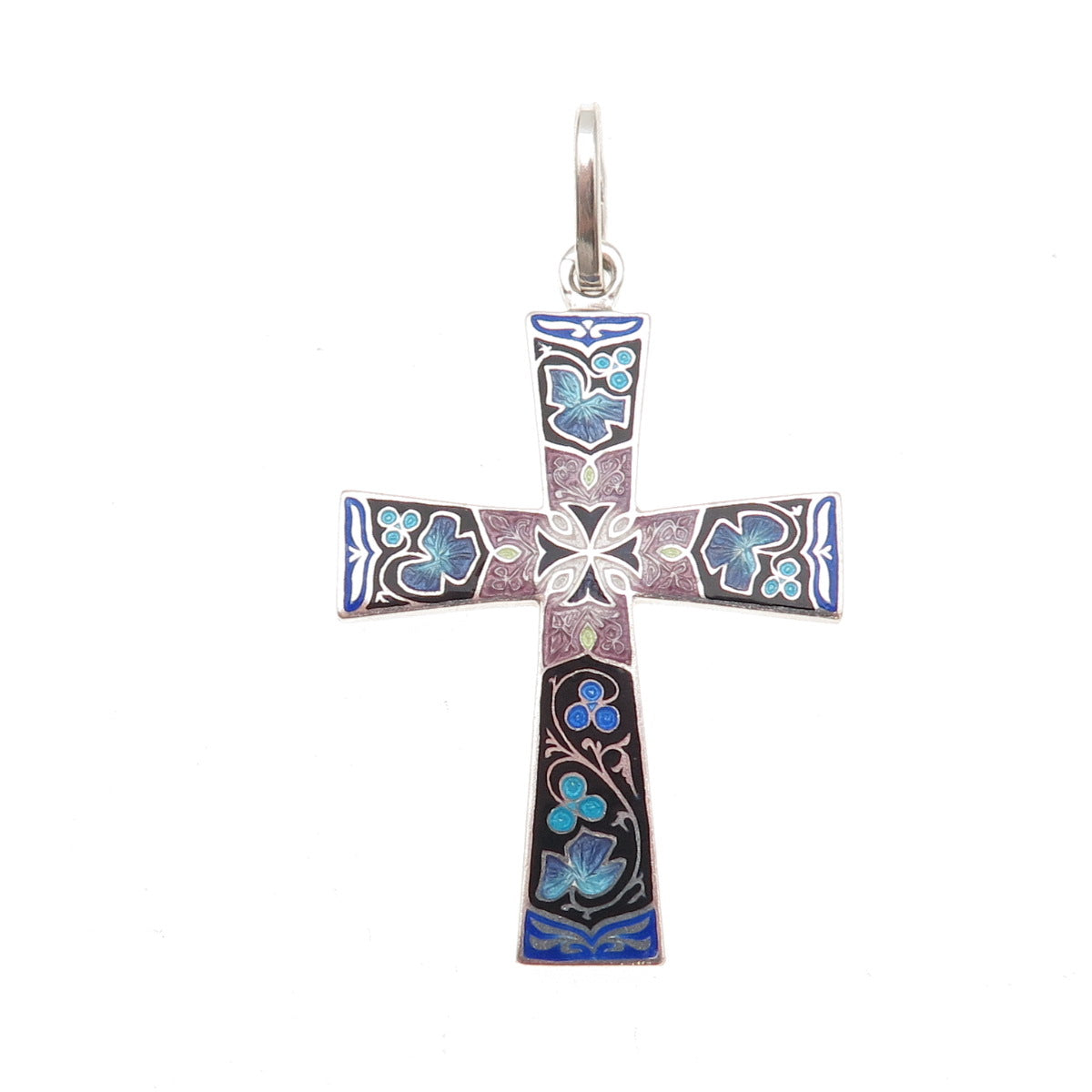 925 Sterling Silver Vintage European Cloisonne Enamel Floral Cross Charm Pendant