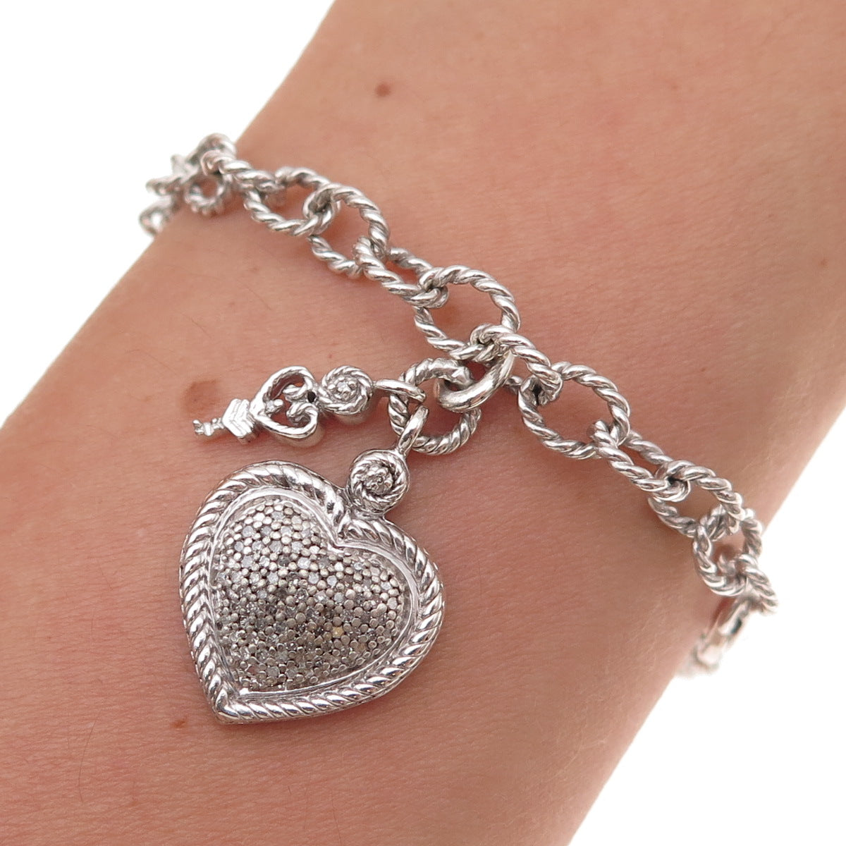 925 Sterling Silver Real Diamond Heart & Key Bracelet 7" (missing stone)