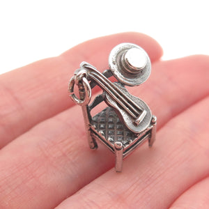 925 Sterling Silver Vintage Spanish Chair w/ Guitar & Hat 3D Mini Charm Pendant