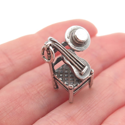 925 Sterling Silver Vintage Spanish Chair w/ Guitar & Hat 3D Mini Charm Pendant