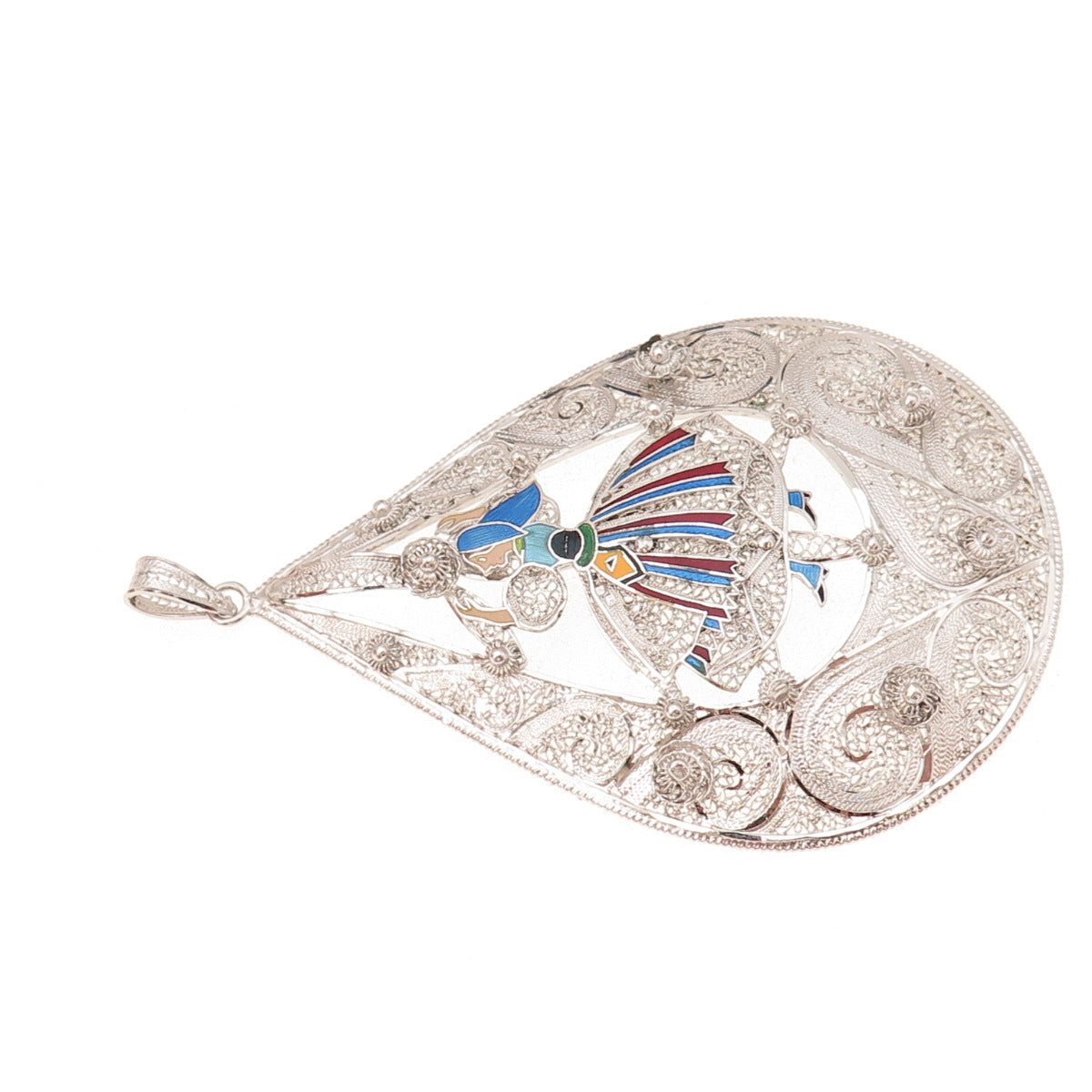 Van Lou 925 Sterling Silver Vintage Enamel Dancer Filigree Teardrop Pendant
