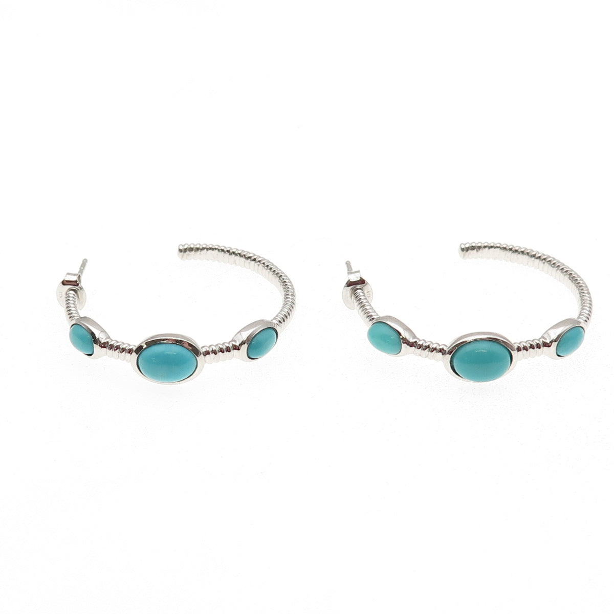 925 Sterling Silver Real Turquoise Station Hoop Earrings