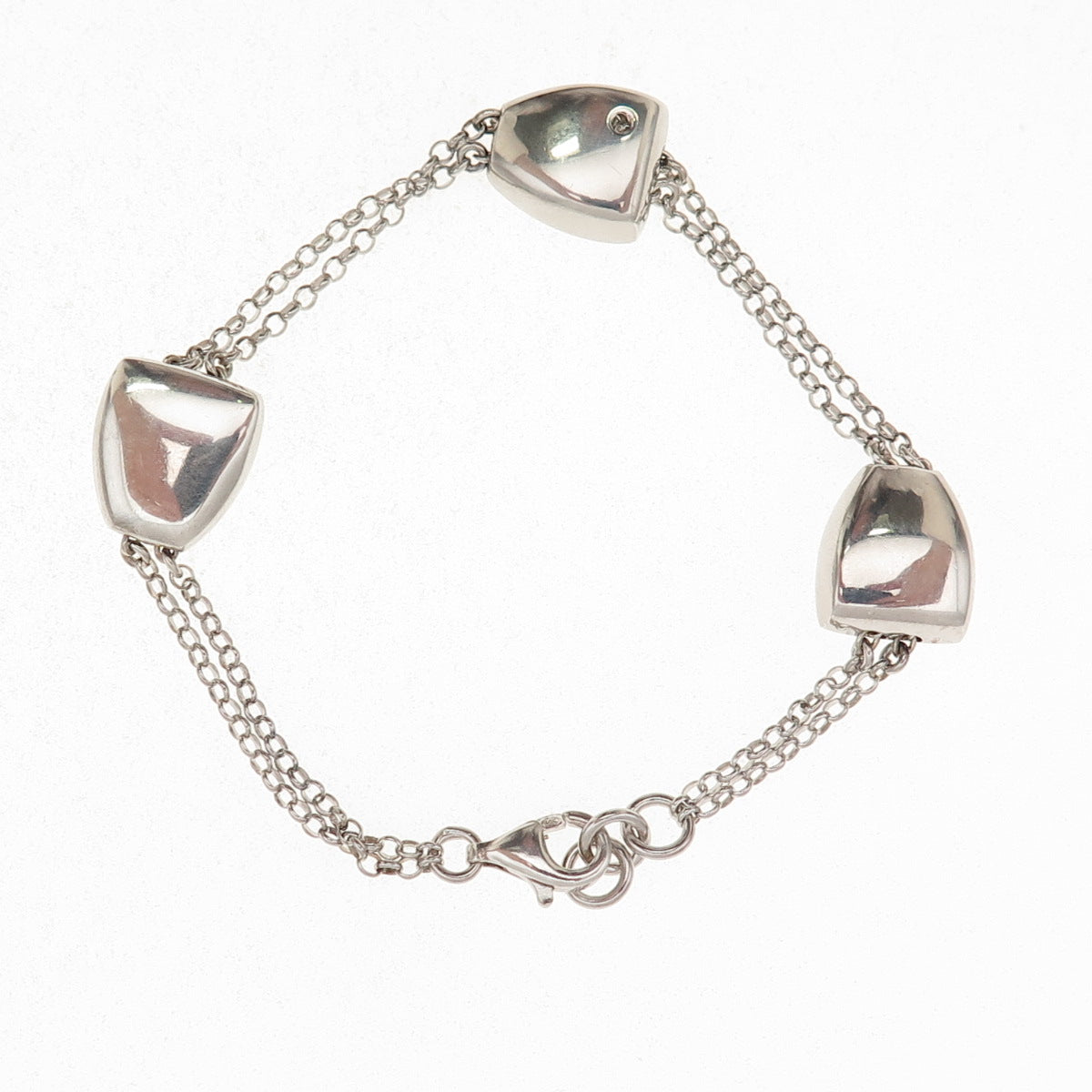 925 Sterling Silver Real Round-Cut Diamond Station 2-Row Cable Link Bracelet 7"