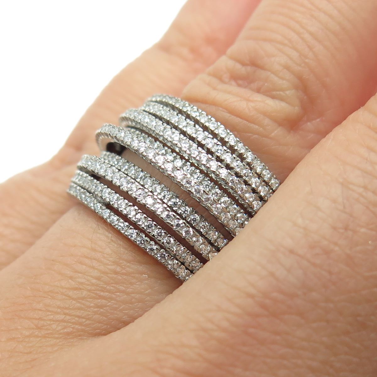 KLEO 925 Sterling Silver Round-Cut C Z Multi-Row Ring Size 7.25