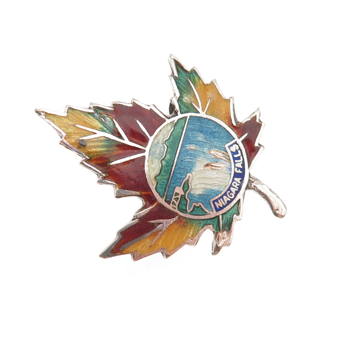 925 Sterling Silver Antique Art Deco Enamel Niagara Falls Maple Leaf Pin Brooch