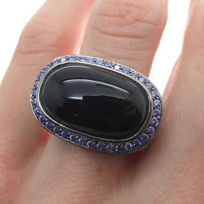 ARZY Sterling Silver Black Rhodium Vintage Real Black Onyx & C Z Ring Size 7.75
