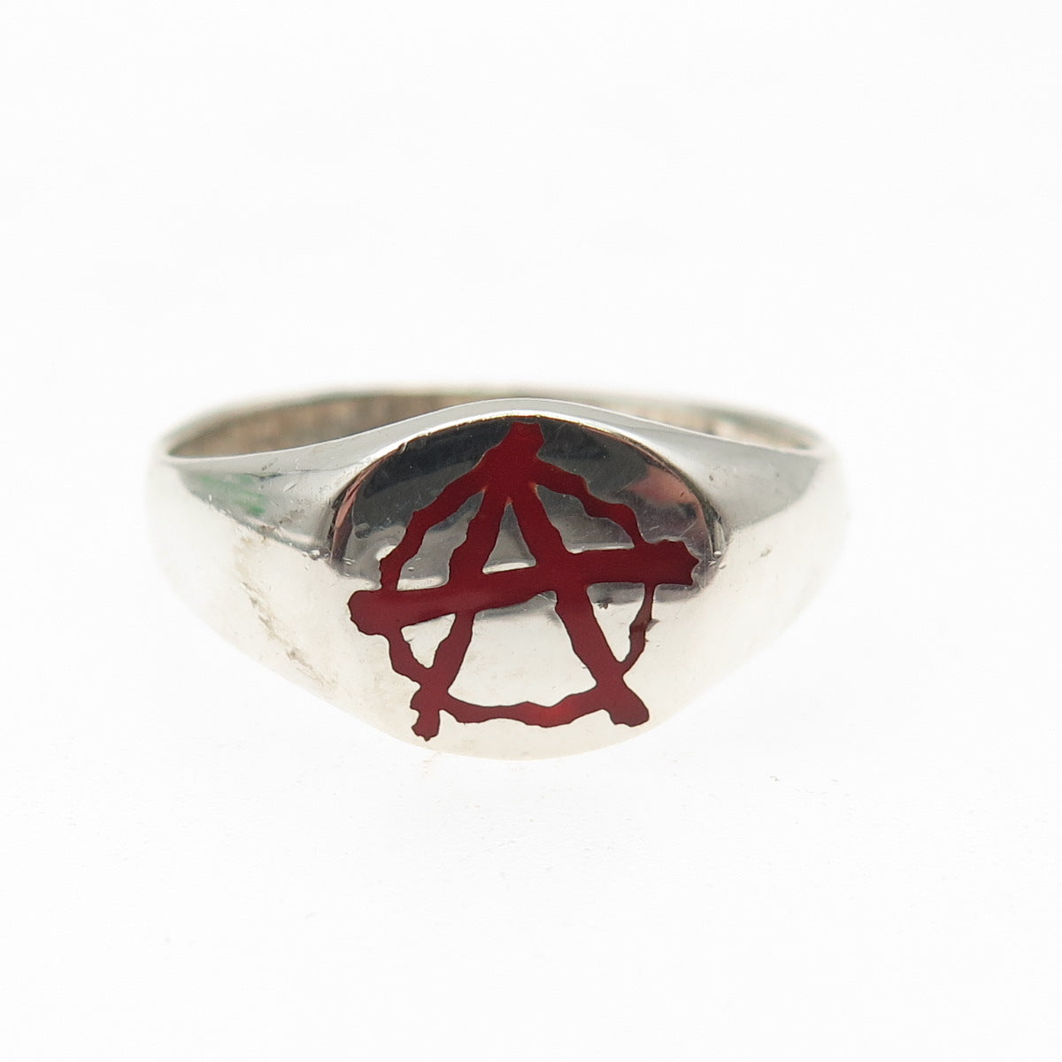 925 Sterling Silver Vintage Enamel Anarchy Symbol Signet Ring Size 10.75