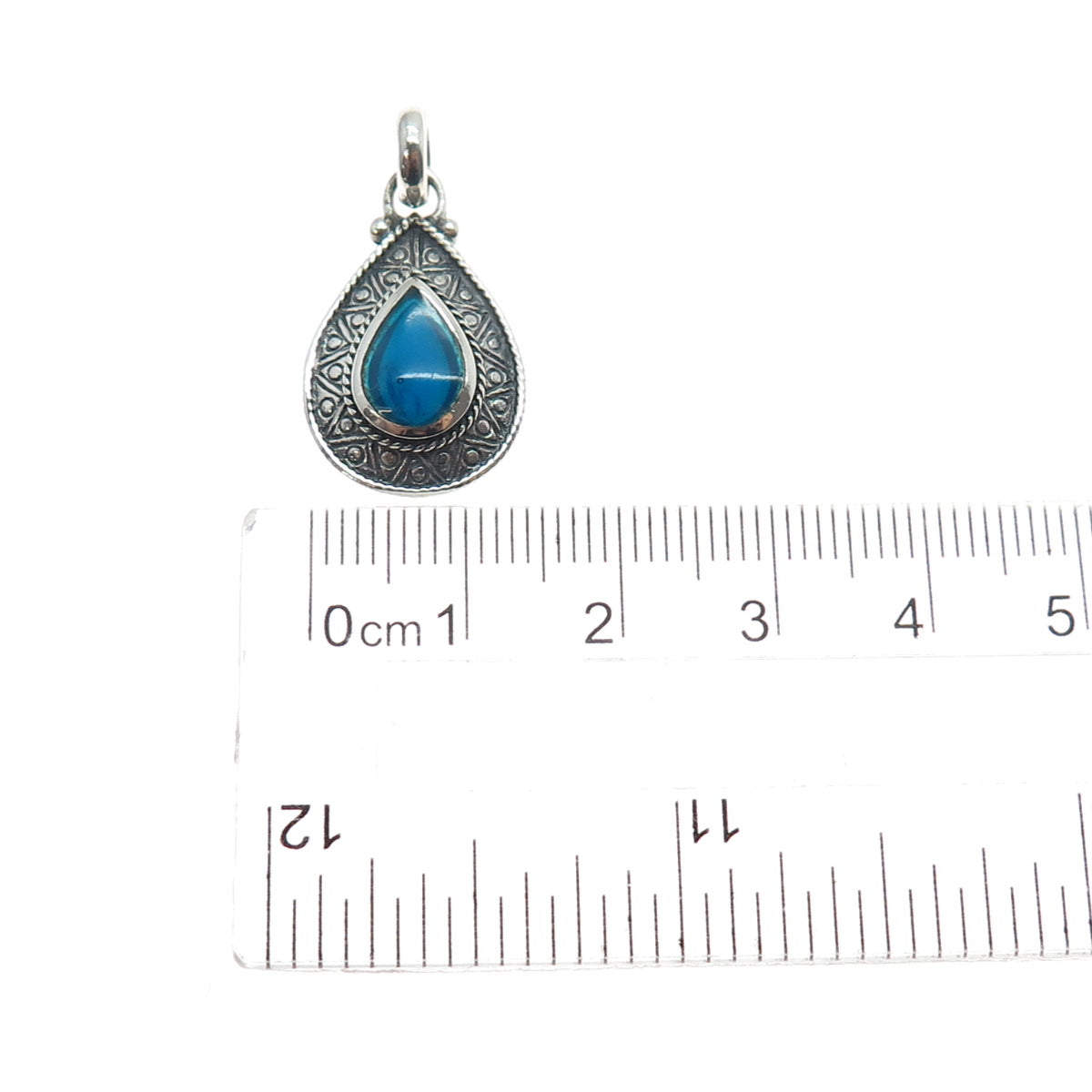 925 Sterling Silver Vintage Blue Enamel Teardrop Oxidized Charm Pendant