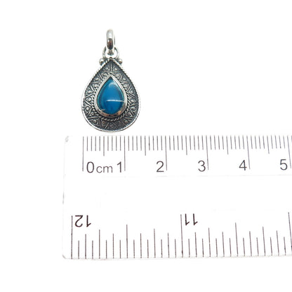 925 Sterling Silver Vintage Blue Enamel Teardrop Oxidized Charm Pendant