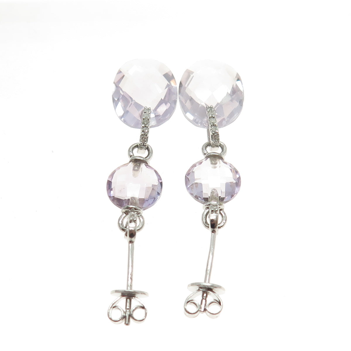 925 Sterling Silver Real White Diamond & Amethyst Gemstone Dangle Earrings