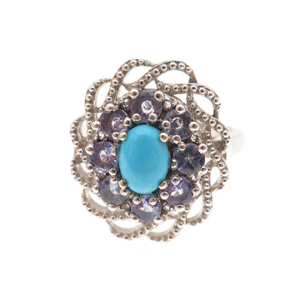 Chuck Clemency 925 Sterling Silver Real Turquoise & Tanzanite Floral Ring Size 7