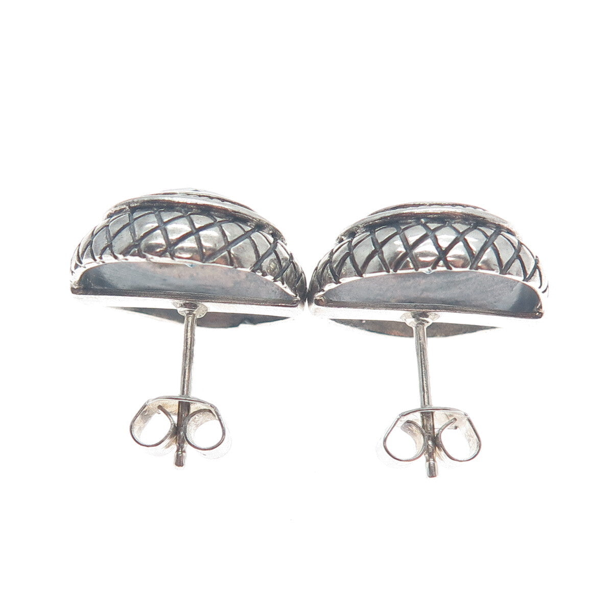 925 Sterling Silver Vintage Blue Topaz Gem Modernist Woven Pattern Dome Earrings