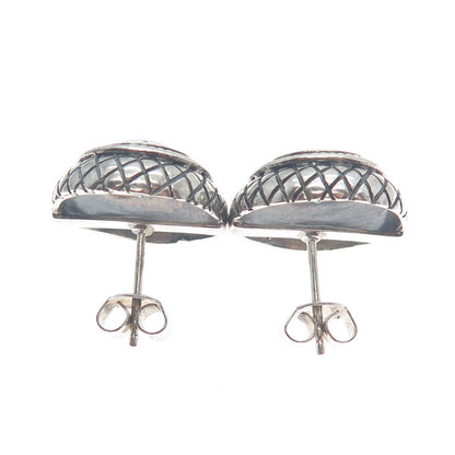 925 Sterling Silver Vintage Blue Topaz Gem Modernist Woven Pattern Dome Earrings