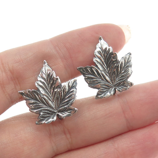 BEAU 925 Sterling Silver Antique Art Deco Maple Leaf Screw Back Earrings