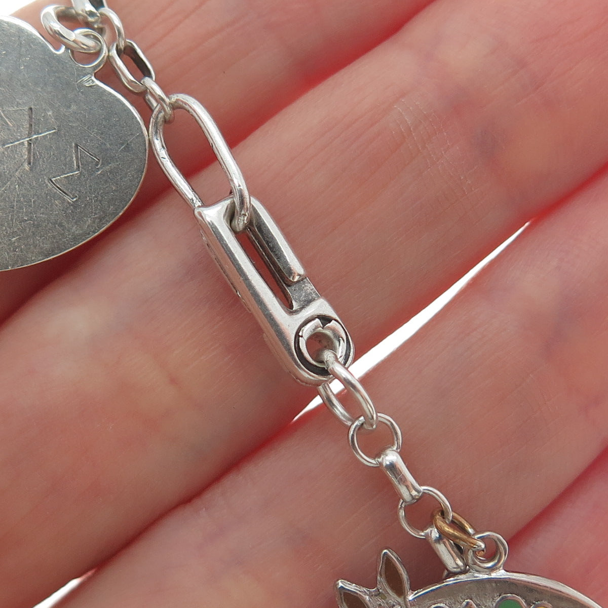 COLEMAN & S. NYE Sterling Antique Enamel Turquoise Multi-Charm Bracelet 7.25"