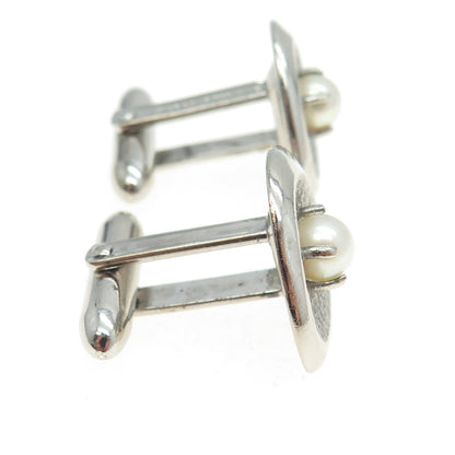 LAMODE 925 Sterling Silver Vintage Real Pearl Modernist Cufflinks