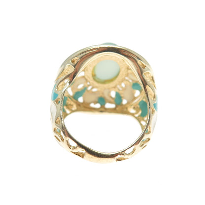 925 Sterling Silver Gold Plated Italy Enamel Real Chalcedony Ring Size 5.25