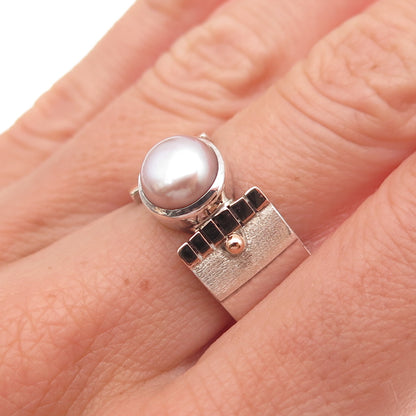 925 Sterling Silver 10K Gold Vintage Real Pearl Modernist Oxidized Ring Size 8